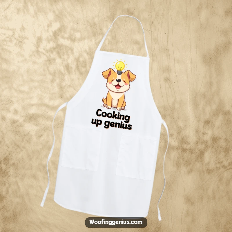 Funny apron showcasing a dog with a glowing lightbulb above its head, symbolizing culinary inspiration and bright cooking ideas.