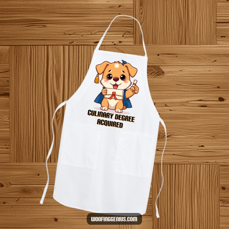Funny dog graduation apron featuring a smart dog wearing a cap and holding a tiny diploma, ready for kitchen success.