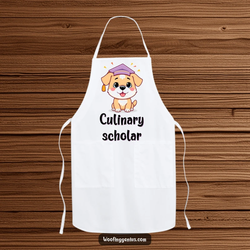 Funny dog in a graduation cap, celebrating an idea, on an apron, for adding intelligence to cooking.