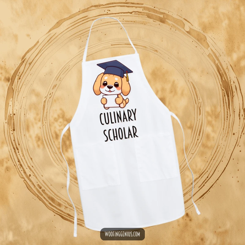 Funny Graduation Dog Apron showing a dog wearing a graduation cap and holding a diploma.