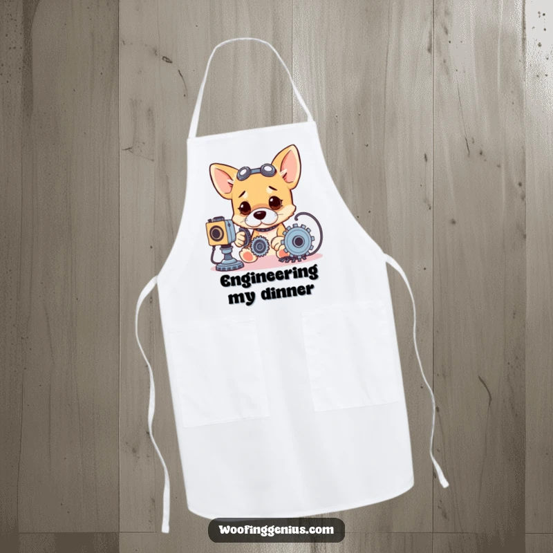 Funny apron showing a focused dog working on gears and wires, protecting against messes.