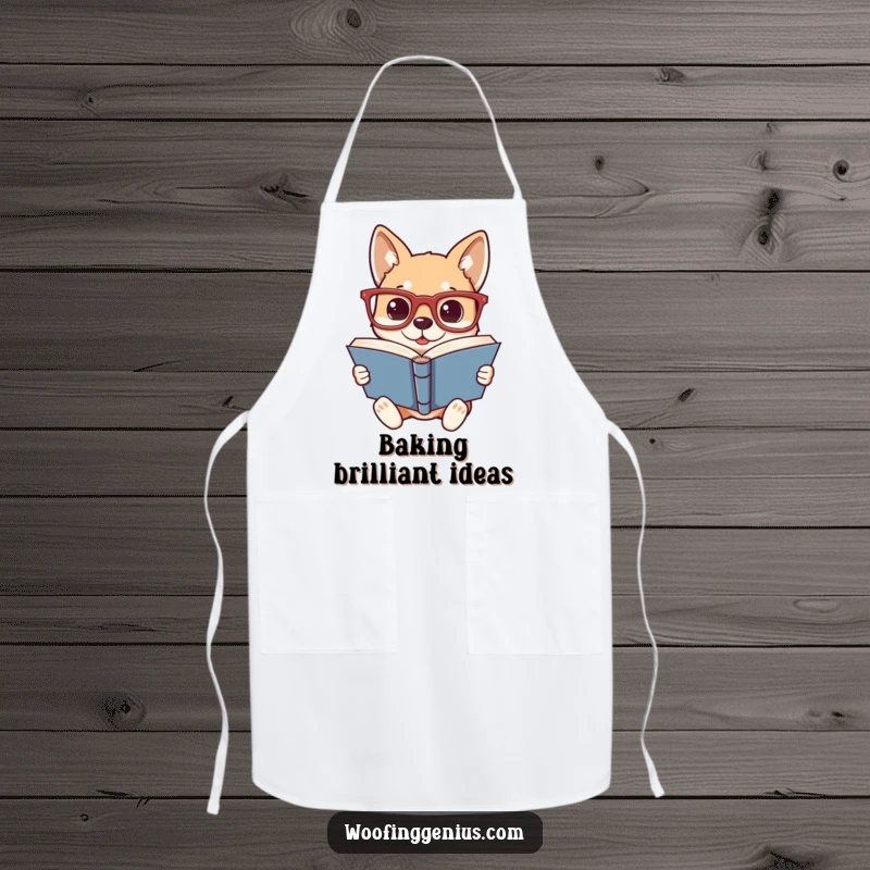 Funny apron showcasing a dog wearing oversized glasses, engrossed in reading a book, ideal for culinary book lovers.