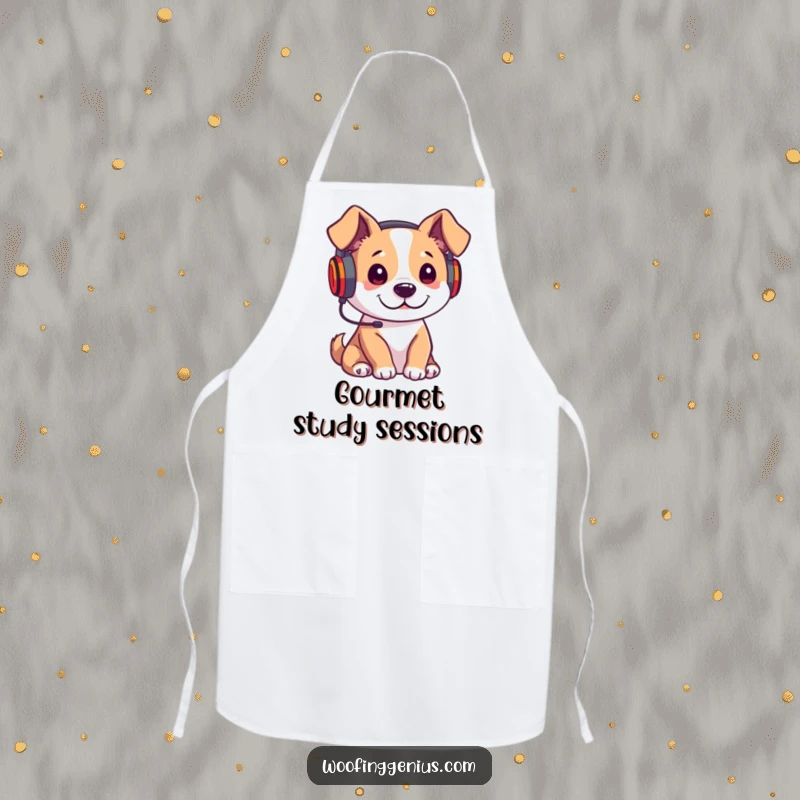 Funny apron with a dog wearing headphones, attentively listening to a lecture, ready to cook with concentration.