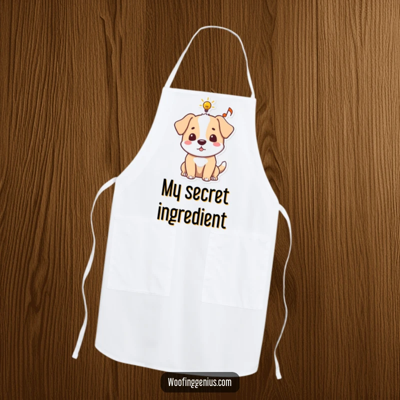 Funny dog apron with a lightbulb and musical note in an idea bubble, symbolizing culinary and artistic genius.