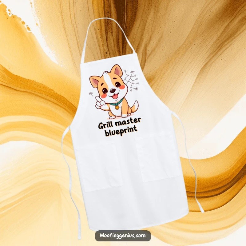 Funny dog wearing an apron, smiling and pointing to a complex diagram, ideal for culinary explanations.