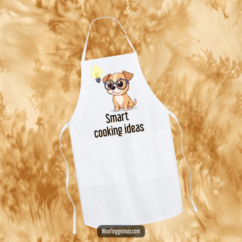 Funny apron showing a dog in spectacles contemplating a lightbulb, perfect for the kitchen with a side of intellectual humor.