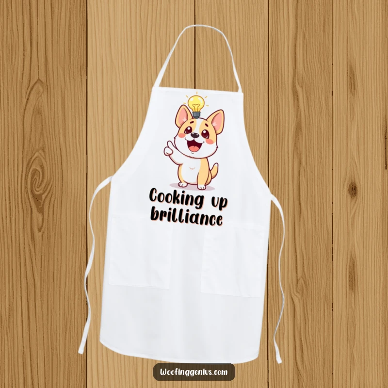 Funny Dog Apron showing a dog with a lightbulb, excitedly pointing, ready to create amazing dishes with a spark of genius.