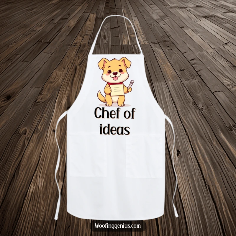 Funny dog wearing a chef hat and a diploma, proudly presenting a kitchen invention, ideal for aspiring chefs.