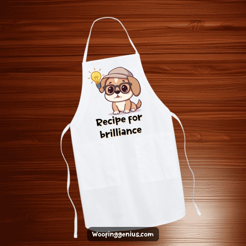 Funny apron depicting a dog wearing glasses and a thinking cap, pondering a lit lightbulb, perfect for kitchen use or as a humorous gift.