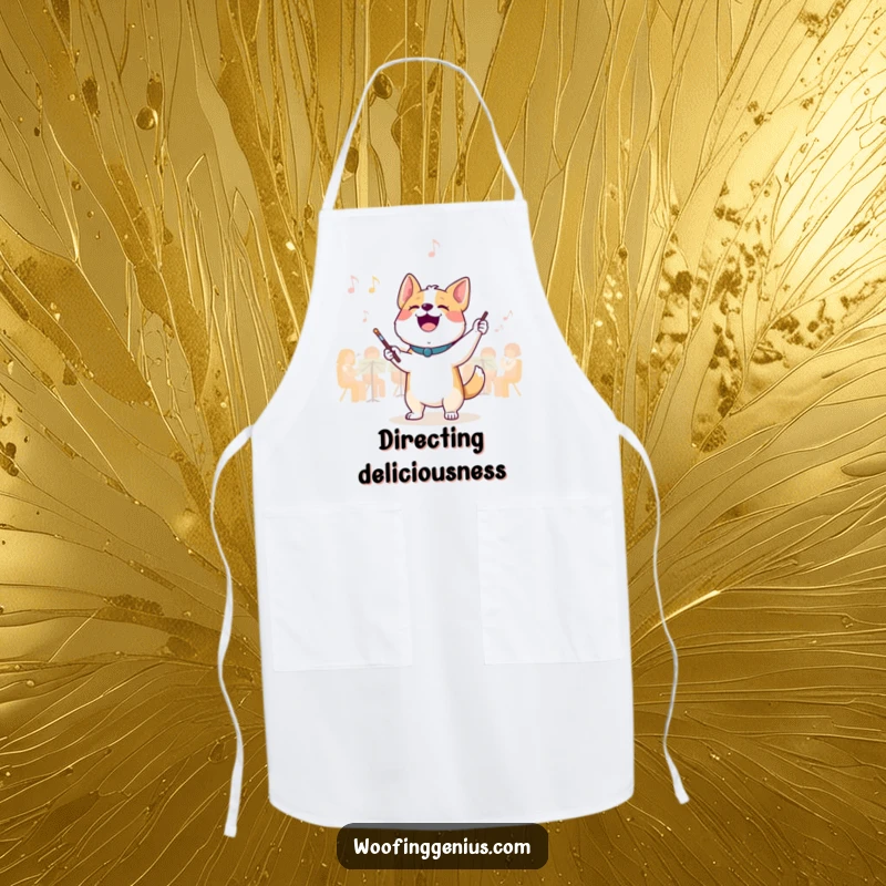 Funny maestro dog apron: a joyful dog conducts an invisible orchestra with a tiny baton, perfect for the culinary conductor.