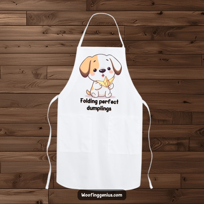 Funny origami dog apron: a proud dog presents a small, folded paper crane, perfect for the crafty cook in the kitchen.
