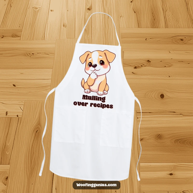 Funny apron showcasing a dog thoughtfully stroking its chin with a paw, symbolizing deep thought and culinary consideration.