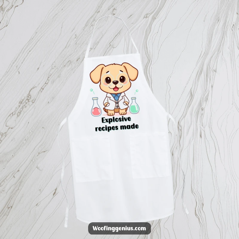 Funny apron depicting a dog wearing a lab coat, looking surprised by an experiment, perfect for kitchen use or as a humorous gift.