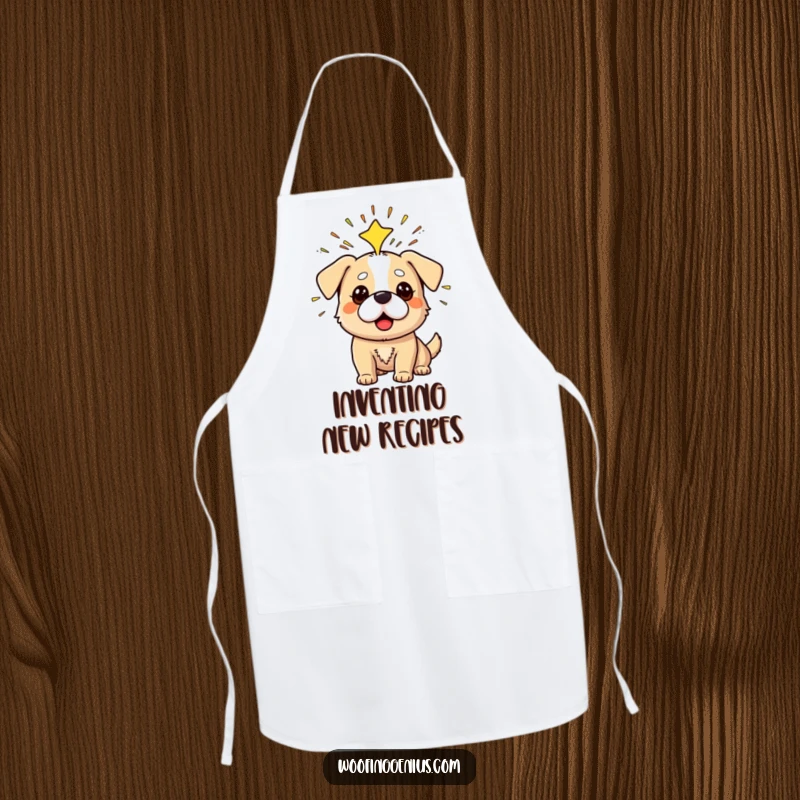 Funny apron with a dog having a Eureka moment, sparks radiating from its head.
