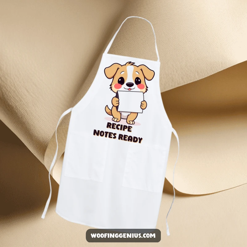 Funny dog apron with a winking dog presenting notecards, perfect for kitchen fun and thoughtful gifting.