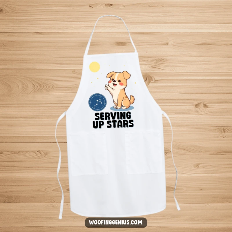 Funny apron showing a dog dramatically pointing at a constellation on a star chart, adding a celestial theme to cooking.