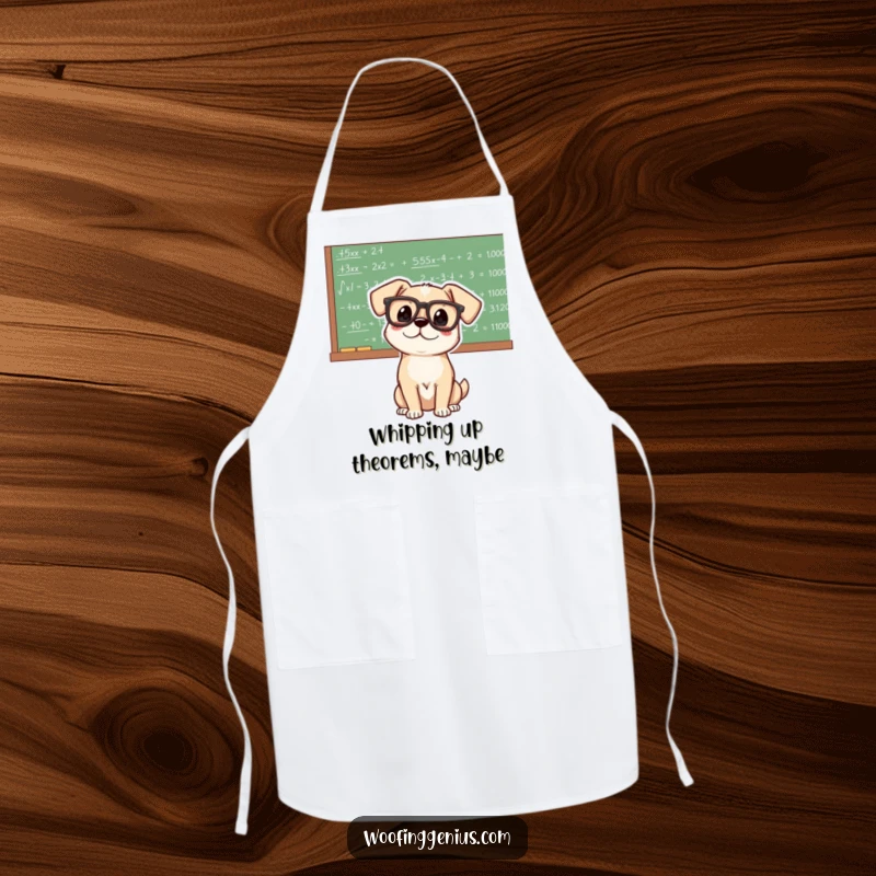Funny genius dog in glasses, studying complex equations on a chalkboard, a humorous and practical apron for the kitchen.