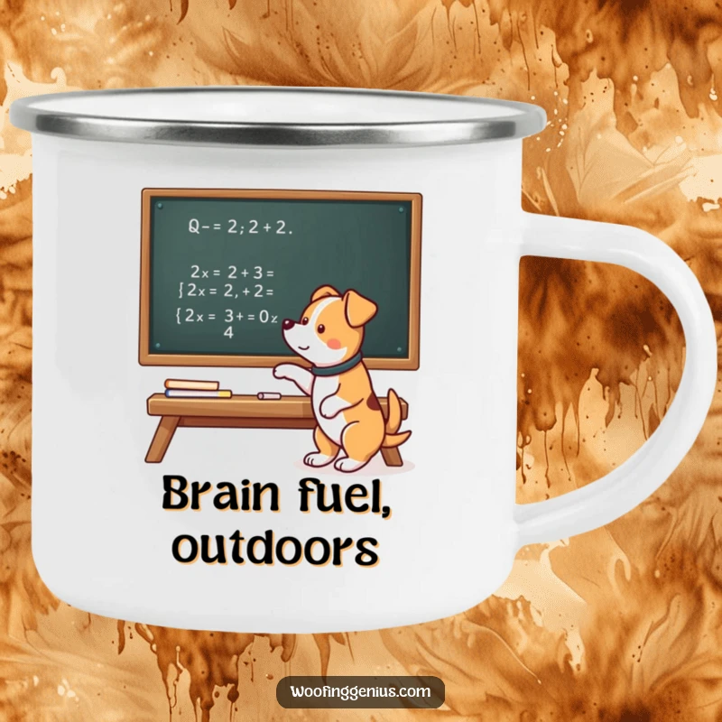 Funny enamel camping mug with a smart dog pointing at a complex math equation on a chalkboard, for adventurers.