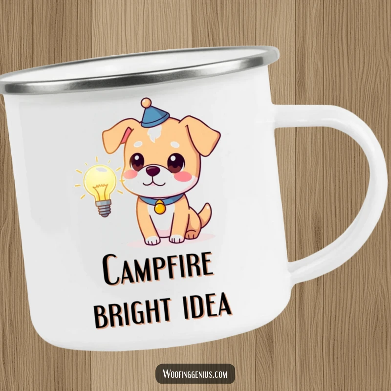 Funny clever dog wearing a thinking cap, holding a glowing lightbulb, durable camping mug for humorous outdoor drinks and ideas.