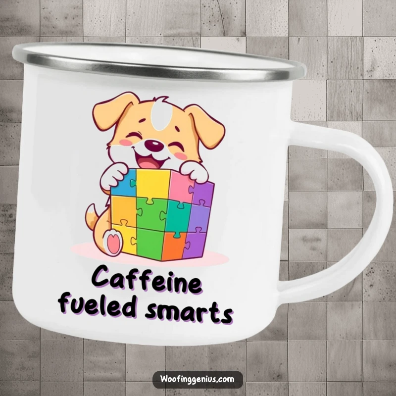 Funny camping mug featuring a smart dog focused on solving a colorful puzzle cube, ideal for outdoor enthusiasts.