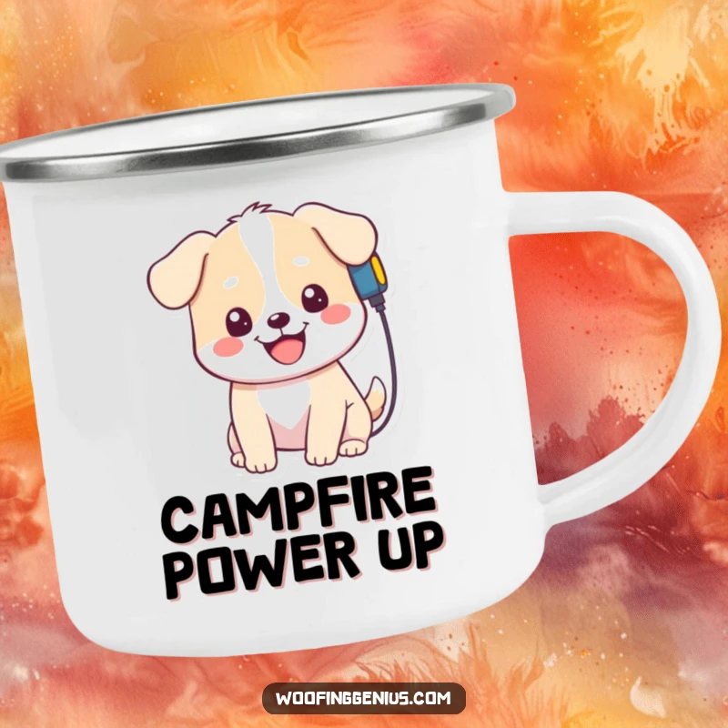 Funny Kawaii Dog Camping Mug: Cute character plugging a charger into its head, built for adventure and smiles, a funny outdoor gift.