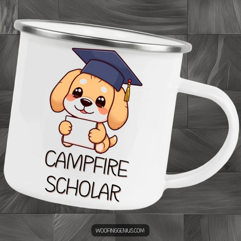 Funny Graduation Dog Camping Mug showing a dog in a graduation cap with a diploma.