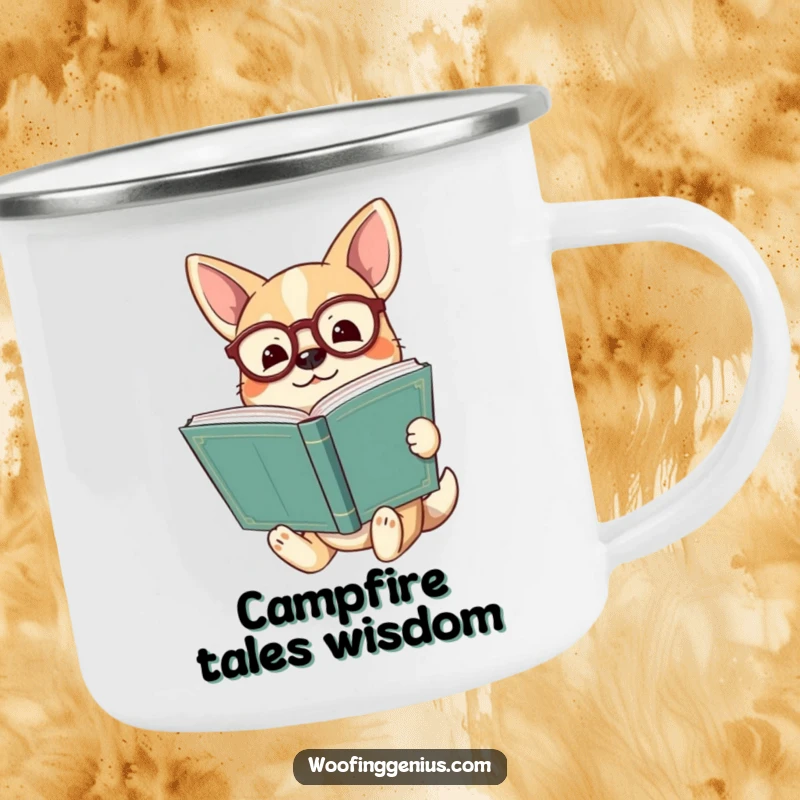 Funny dog wearing spectacles holding a huge ancient book, looking enlightened on a durable camping mug, ready for the outdoors.