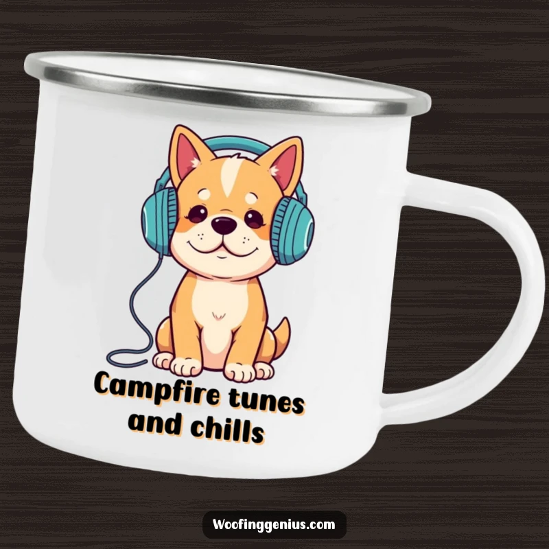 Funny dog wearing headphones, enjoying music in a rustic camping mug, ready for adventure.