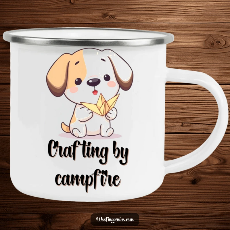 Funny origami dog camping mug: a proud dog presents a small, folded paper crane, perfect for enjoying creative moments outdoors.