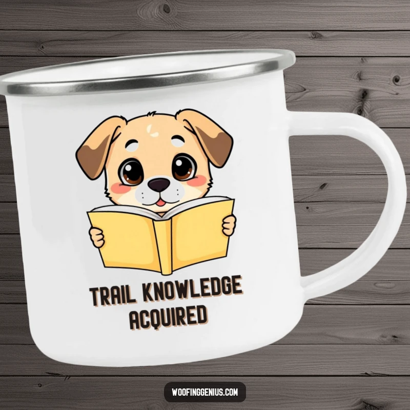 Funny camping mug: a dog holding an open book, eyes wide with understanding, perfect for outdoor reading adventures.
