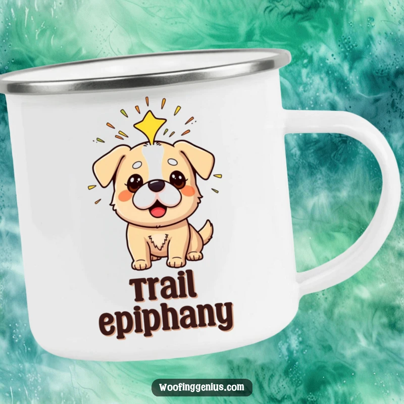 Funny camping mug showing a dog having a Eureka moment with sparks radiating from its head.