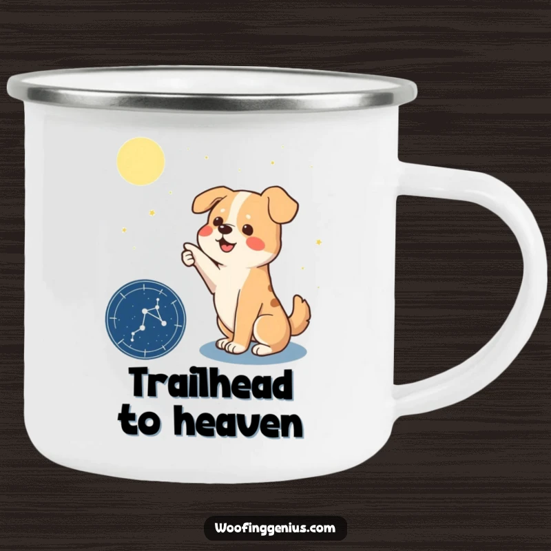 Funny camping mug featuring a dog dramatically pointing a paw towards a constellation on a star chart, ideal for stargazers.