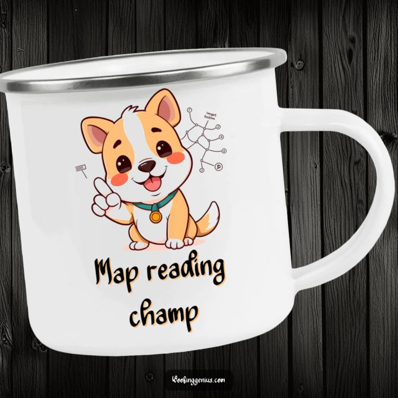 Funny dog pointing to a complex diagram on a rugged camping mug, perfect for outdoor explorations.