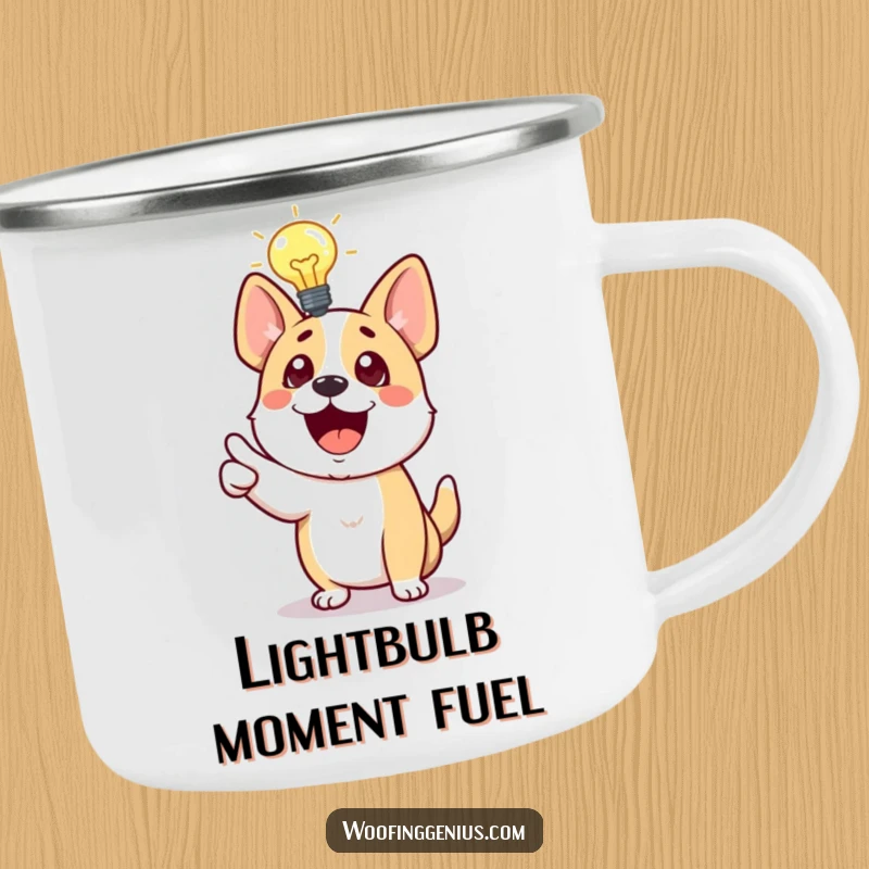 Funny Dog Camping Mug featuring a dog with a lightbulb, excitedly pointing out the best trail for a humorous adventure.