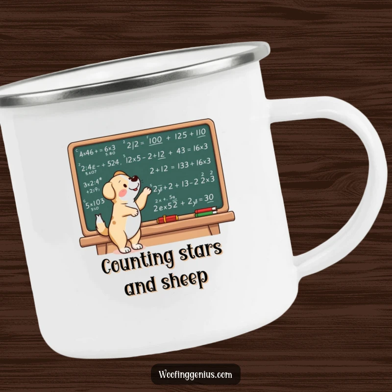 Funny dog camping mug featuring a dog pointing at complex math equations, ideal for outdoor calculations.