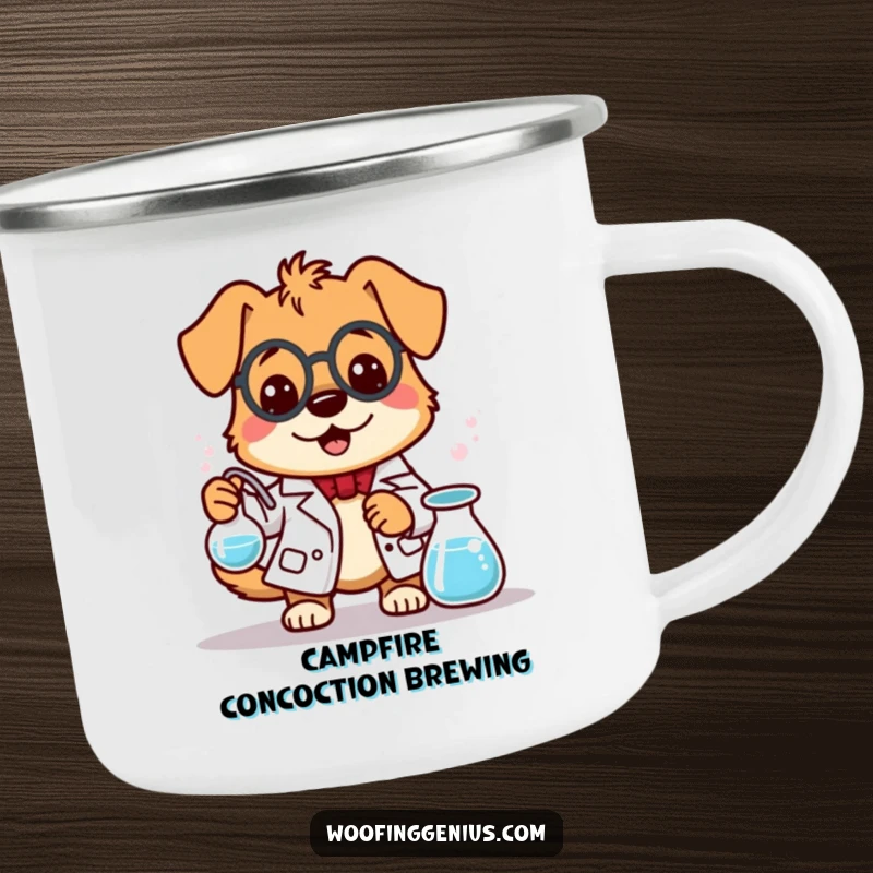 Funny dog scientist stirring a bubbling beaker on a rugged camping mug, perfect for outdoor adventures.