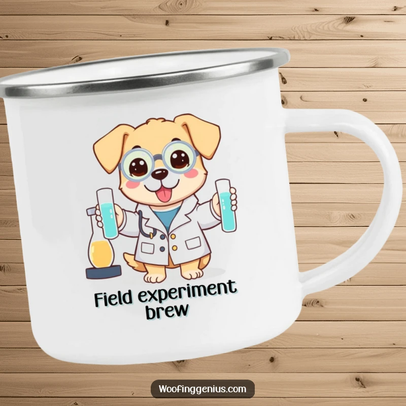 Funny camping mug with a dog in a lab coat holding test tubes, ready for the outdoors.