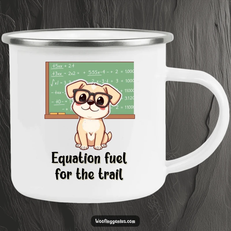 Funny genius dog in glasses, studying chalkboard equations outdoors, perfect for camping and enjoying a hot drink.