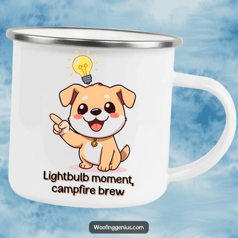 Funny dog with a bright lightbulb, enthusiastically pointing, perfect for camping trips and outdoor inspiration.