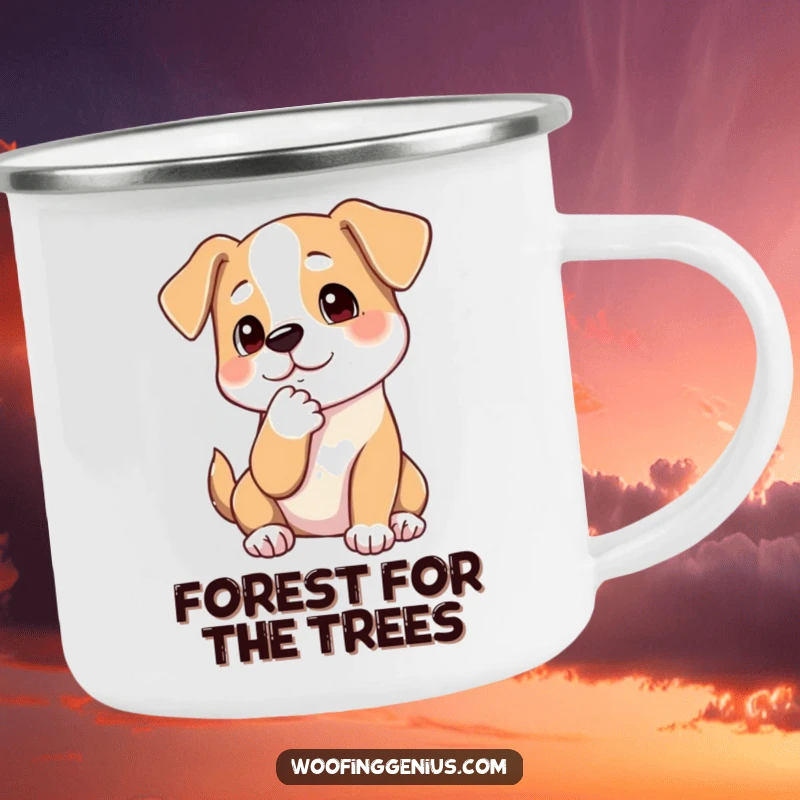 Funny camping mug depicting a dog thoughtfully stroking its chin with a paw, symbolizing quiet contemplation during outdoor adventures.