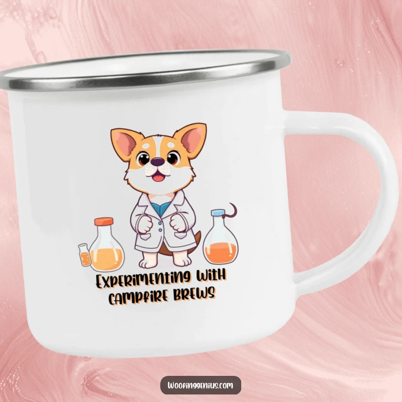 Funny Camping Mug: A dog in a lab coat shows surprise at an experiment, perfect for outdoor science enthusiasts.