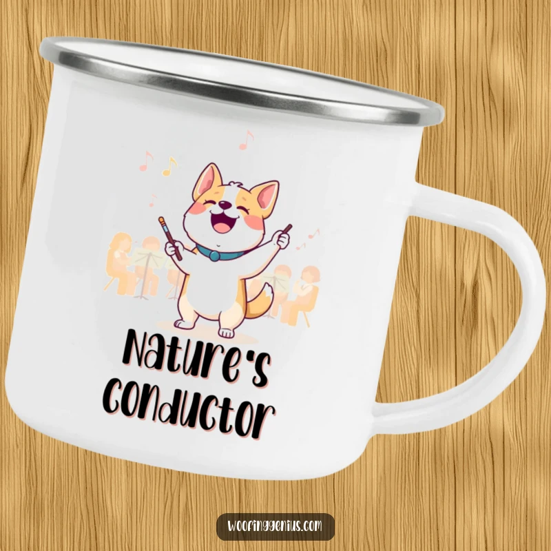 Funny maestro dog camping mug: a joyful dog conducts an invisible orchestra with a tiny baton, perfect for outdoor musical inspiration.