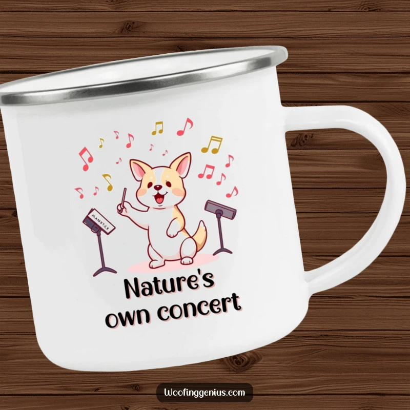 Funny camping mug with a dog conducting musical notes, perfect for outdoor adventures.