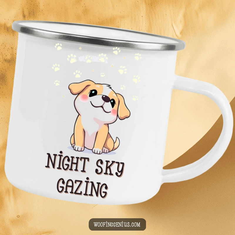 Funny dog gazing at paw print constellations in the sky, perfect for outdoor use. A funny gift for adventurers.