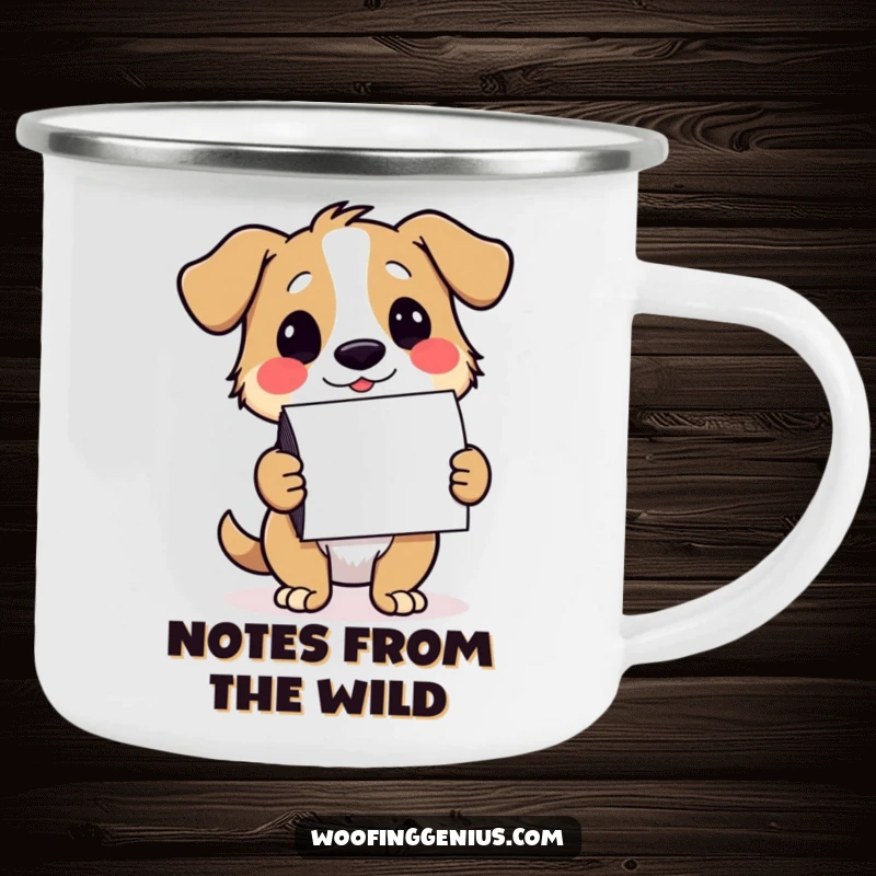 Funny dog camping mug with a winking dog presenting notecards, ideal for outdoor messages and camaraderie.