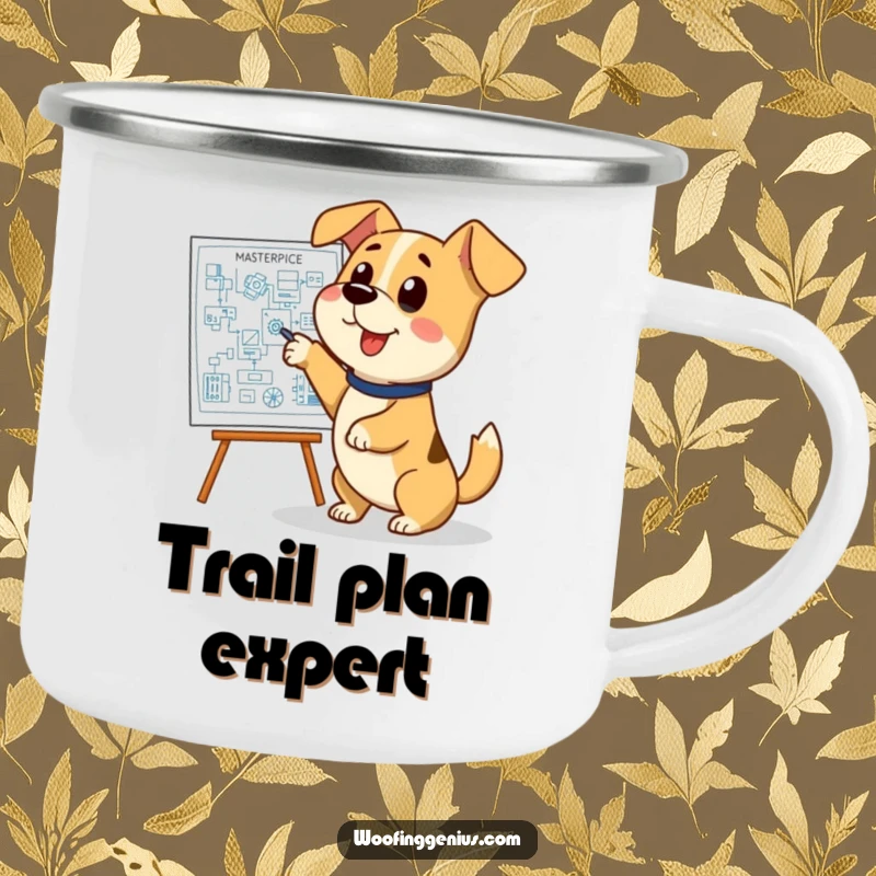 Funny dog blueprint camping mug, a dog excitedly pointing at a complex blueprint, great for outdoor use.