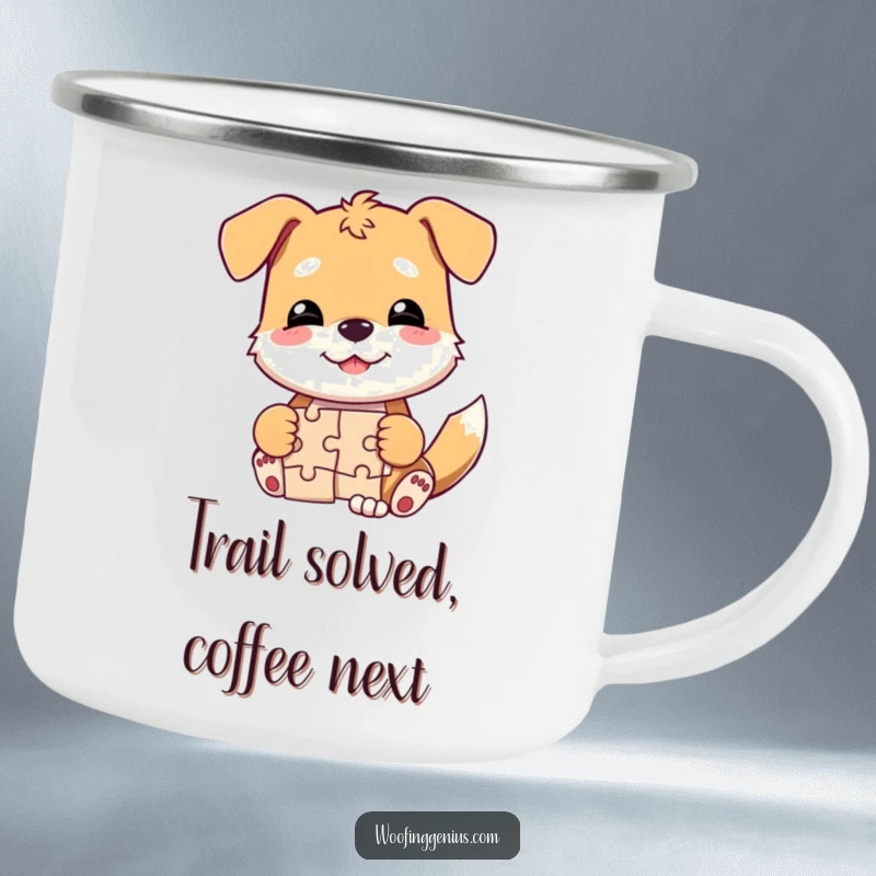 Funny dog camping mug, a triumphant dog solving a jigsaw puzzle, ready for outdoor adventures and mental challenges.