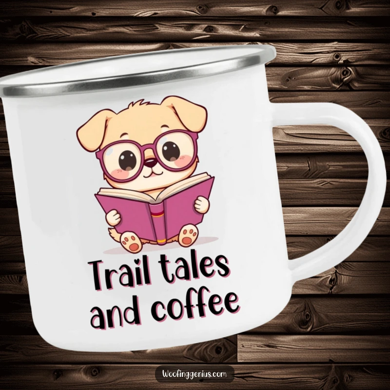 Funny Kawaii dog wearing spectacles reading a book, sturdy enamel camping mug for outdoor enthusiasts with a humorous, scholarly touch.