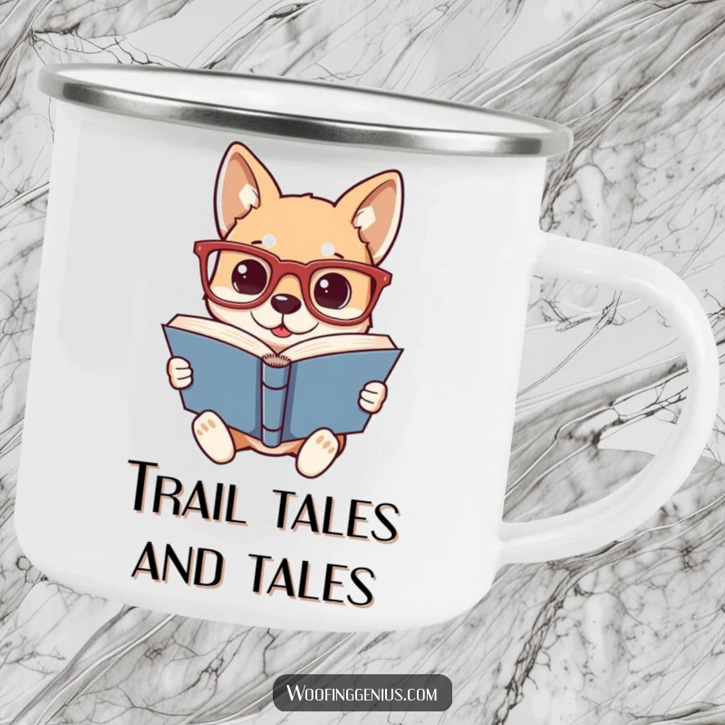 Funny camping mug showing a dog in oversized glasses, engrossed in reading a thick book, perfect for literary outdoor enthusiasts.