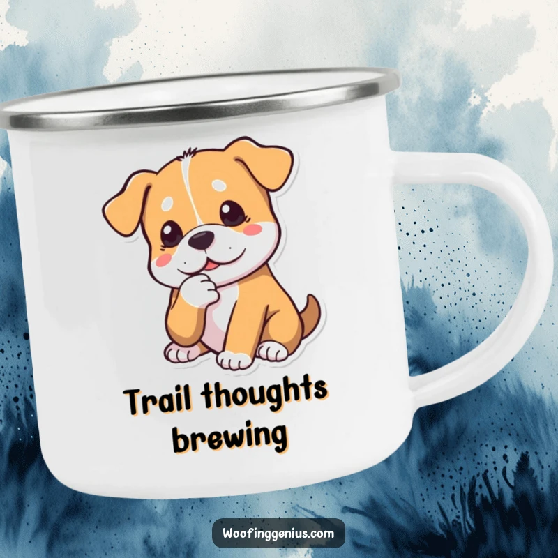 Funny dog camping mug with a dog tapping its chin thoughtfully. Durable and humorous.